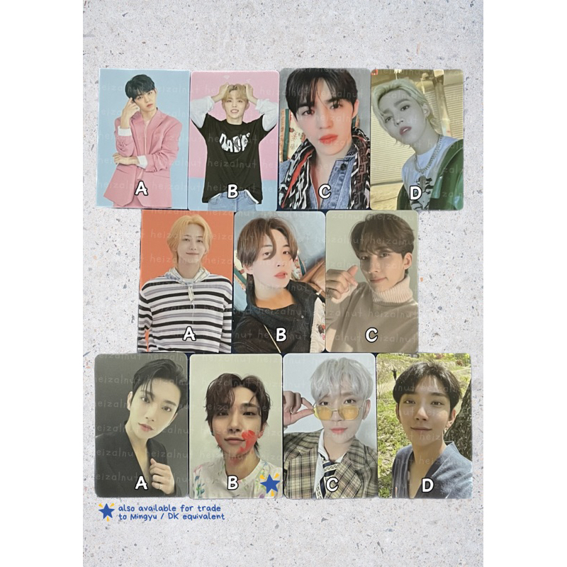 SEVENTEEN PHOTOCARDS (BACA DESKRIPSI) scoups jeonghan joshua jun wonwoo hoshi woozi the8 mingyu dk s