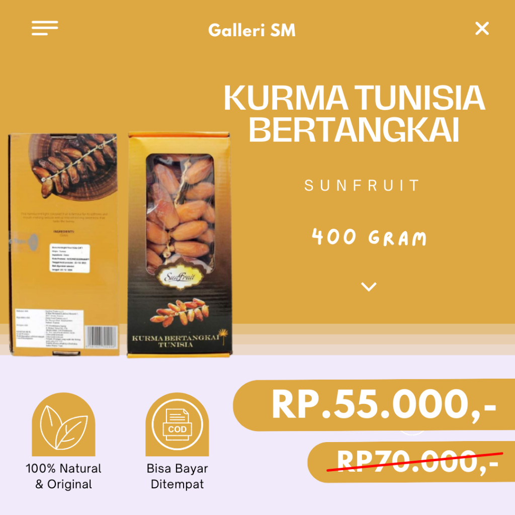 

Kurma Tunisia Tangkai 400gr Sun Fruit Kurma Bertangkai Manis Original