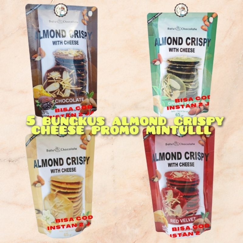 

[PROMO] 5 BUNGKUS CAMILAN KUE KERING ALMOND CRISPY WITH CHEESE COKELAT VANILA RED VELVET GREEN TEA 65 GRAM SNACK ENAK MURAH OLEH-OLEH KHAS BATU MALANG