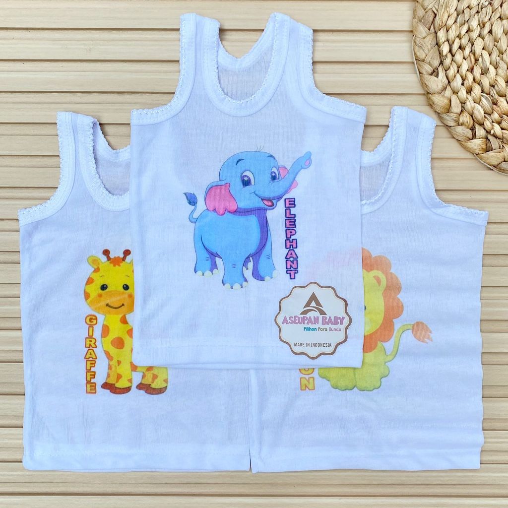ASEUPAN BABY - 6/12 PCS Kaos Dalam Singlet Putih Motif Binatang