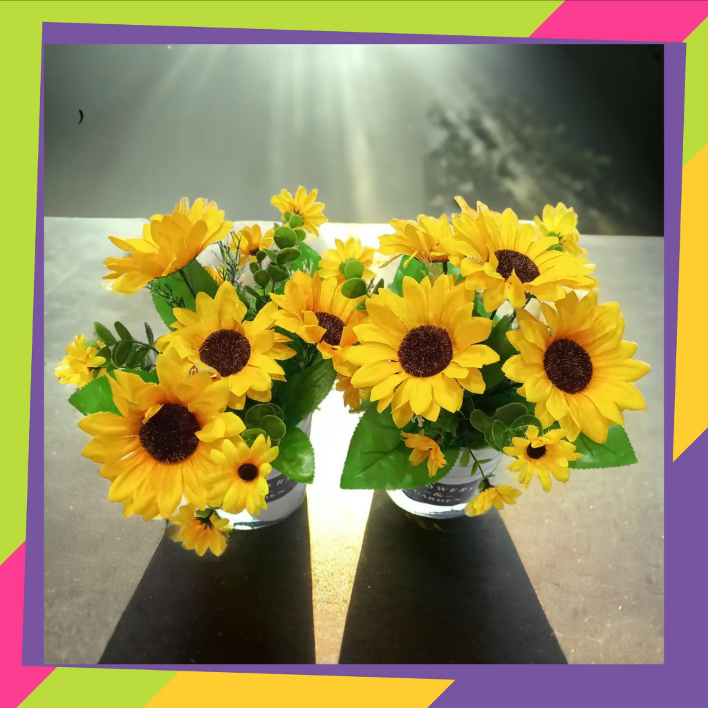 1910PBAD1 / Pot bunga plastik FLOWERS & GARDENS aesthetic + bunga hias matahari 7 tangkai tanaman ar
