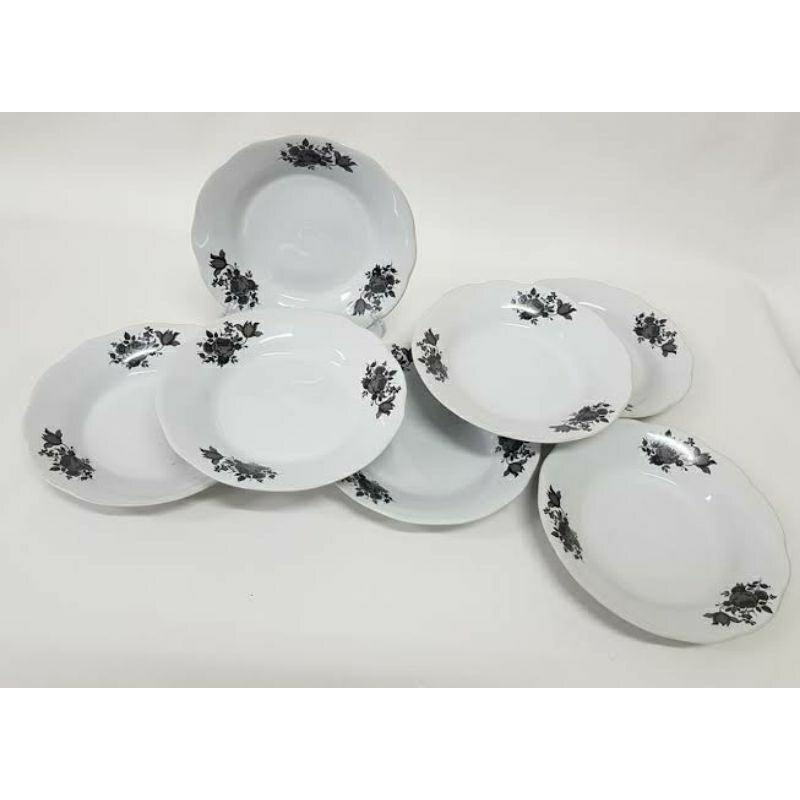 Piring Keramik Putih motif Bunga Rose Mawar Hitam Jadul