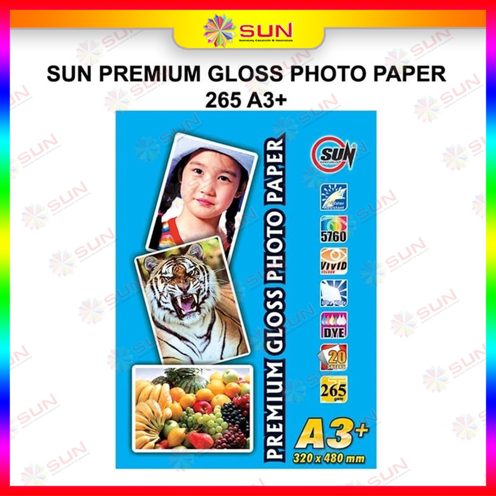 

12.12 FLASH SALE Kertas Foto Glossy A3+ / A3 plus Premium - SUN Premium Gloss Photo Glossy Paper Ketebalan 210, 240, 265 gsm ( Support epson/canon/hp/brother ori (dye ) - 664, 003, 673, 001 ) 