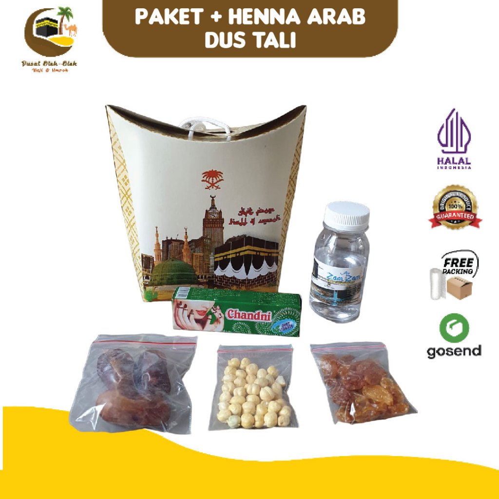

paket oleh oleh haji dan umroh + air zamzam ori + kismis golden + kacang arab + henna arab chandni