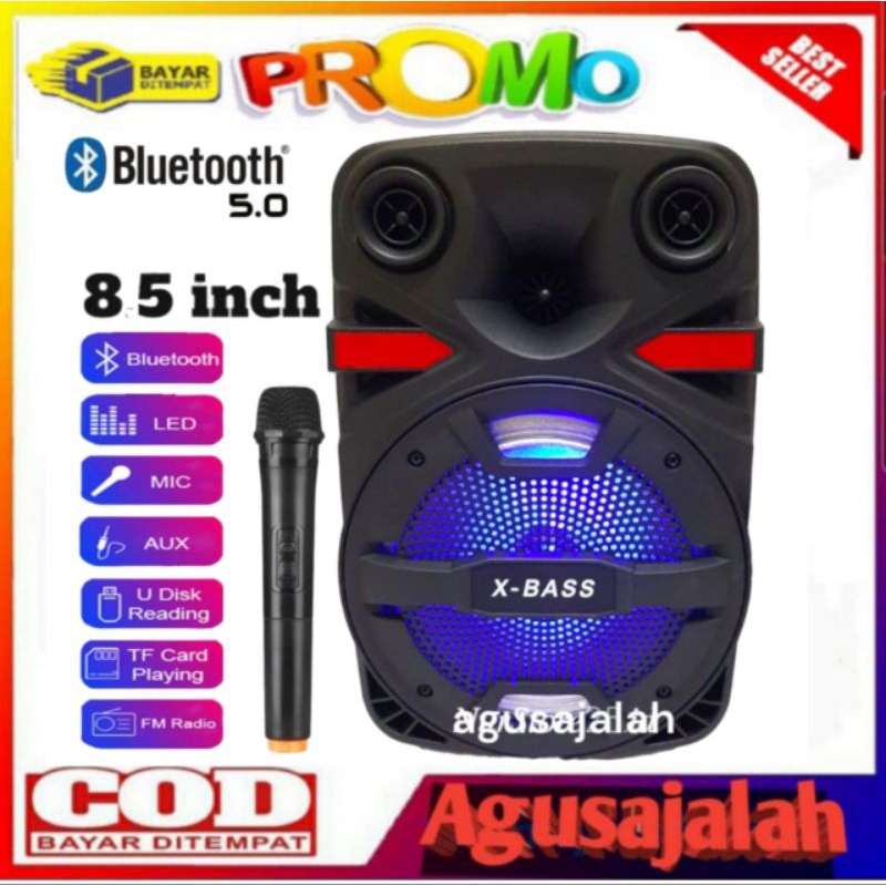 COD SPEAKER BLUETOOTH PORTABLE KARAOKE 8'5 INCH FLECO  F-8608 LED BONUS MIC KARAOKE + REMOTE SUPER B