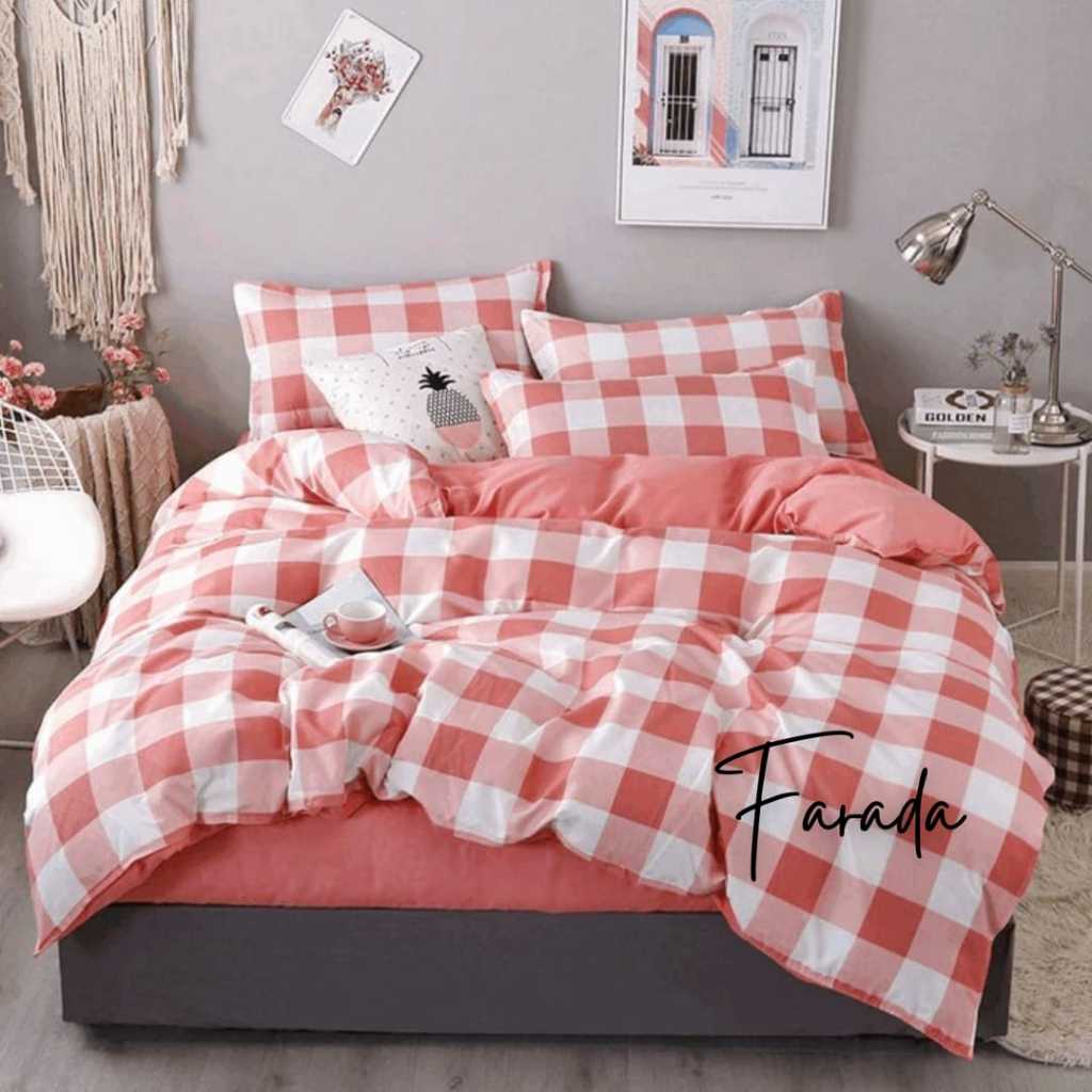 BEDCOVER SET SPREI MOTIF KOTAK EMILY PINK [FARADA]