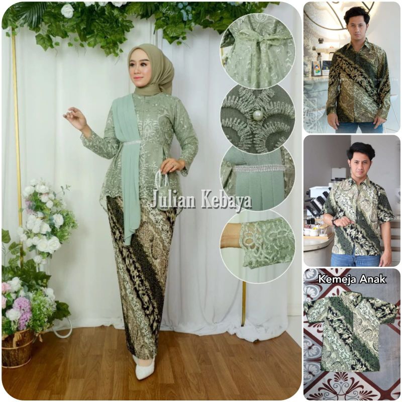 Couple Kebaya Dan Kemeja Batik Sage Green / Set Kebaya Modern Couple / Baju Batik Couple Kebaya Wisu