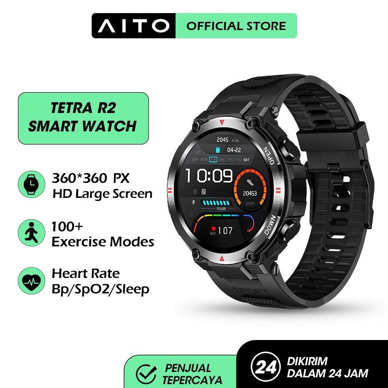 AITO Tetra R2 Smartwatch Waterproof IP68 Bluetooth Call Jam Tangan Pria Sleep Heart Rate Blood Pressure Monitoring Jam Tangan Wanita Sport Watch 400mAh Super Long Standby SmartWatch-Black