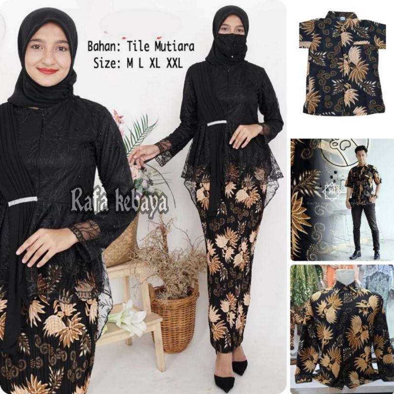 Set Kebaya Couple Selendang Hitam /Kebaya Wisuda/ Baju Batik couple motif Kelapa Gold