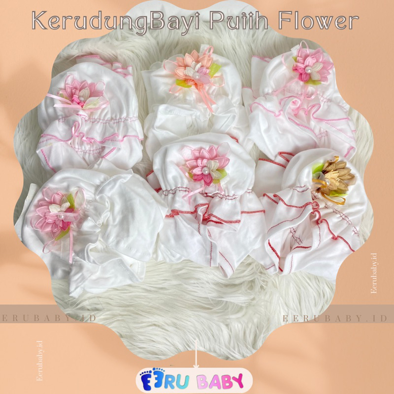 Kerudung Baby Putih Bunga 0-6 Bulan Eeru Baby B45