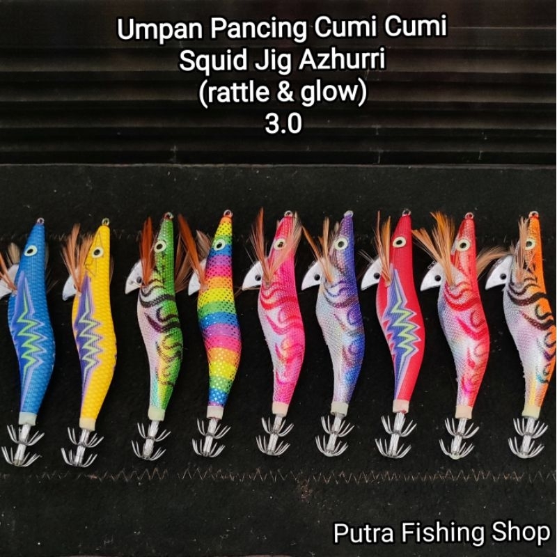 Umpan Pancing Cumi Squid Jig Azhurri 3.0 (rattle & glow) | Pancing Cumi Bentuk Udang Udangan 3.0 Rat