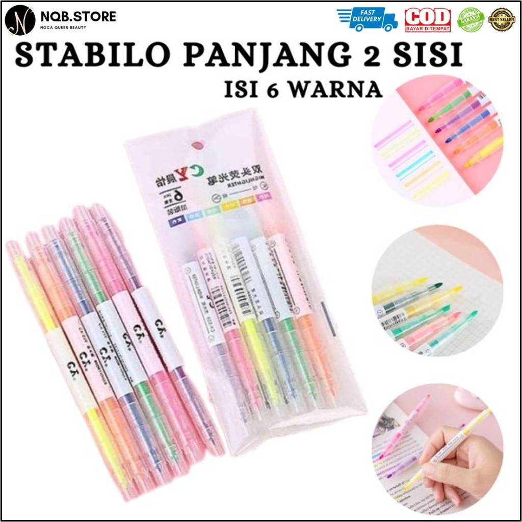 

NQB - Stabilo 2in1 Warna Warni Set 6 Pcs - Pewarna Highlighter Dua Sisi Penanda Tulisan Teks Bacaan Buku Melukis
