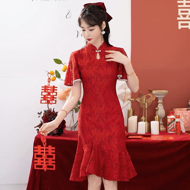 Q07 Gaun Cheongsam Merah Qipao Merah Wedding dress