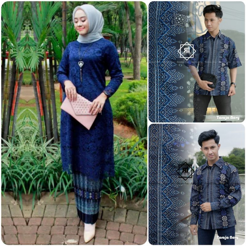 COUPLE KEBAYA TUNIK JUMBO NAVY DAN KEMEJA BATIK TORAJA NAVY / COUPLE KEBAY DAN BATIK MODERN / COUPLE