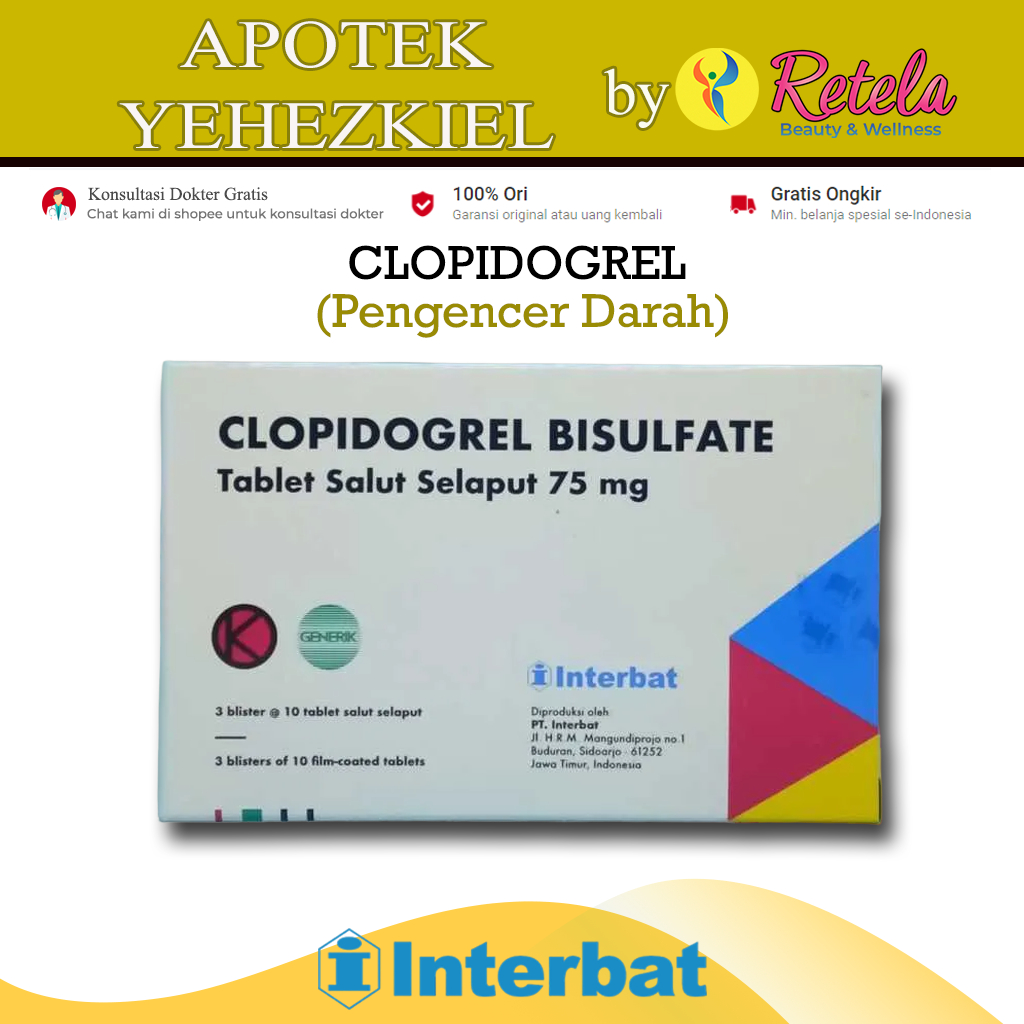 CLOPIDOGREL BISULFATE 75MG 1 STRIP 10 TABLET / Interbat / Pengencer Darah / Jantung