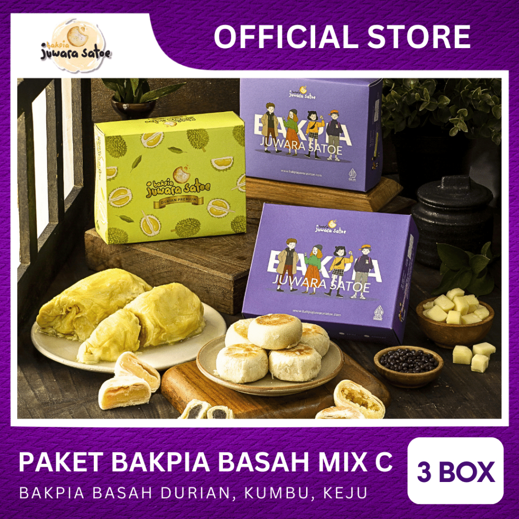 

[ 3 BOX ] PAKET BAKPIA BASAH MIX C (DURIAN, KUMBU HITAM, KEJU) - BAKPIA JUWARA SATOE OLEH OLEH KHAS JOGJA