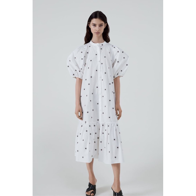 Zara Dress Embroidered Poplin Balloon Sleeve Preloved