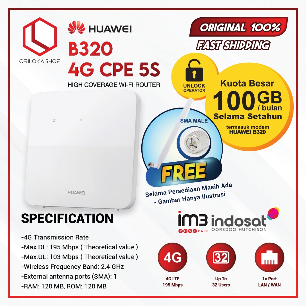 Huawei B320 Indosat IM3 4G Modem Router  Wifi Free kuota 1200GB Unlock