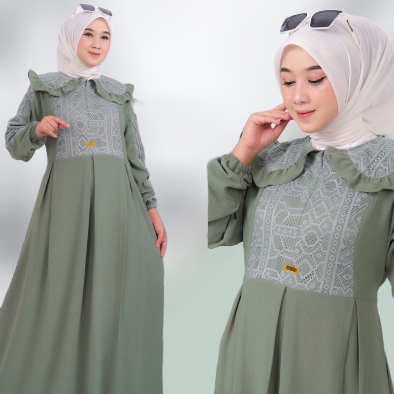 Dress Gamis Wanita Crinkle Airflow Mix Brokat malika