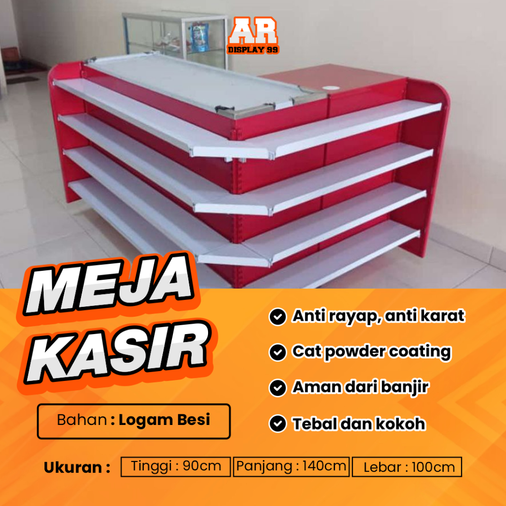 Meja Kasir Bentuk L 4 Tingkat Mini Market Swalayan Kecil Serbaguna Rak Jajanan Makanan Ringan Camila