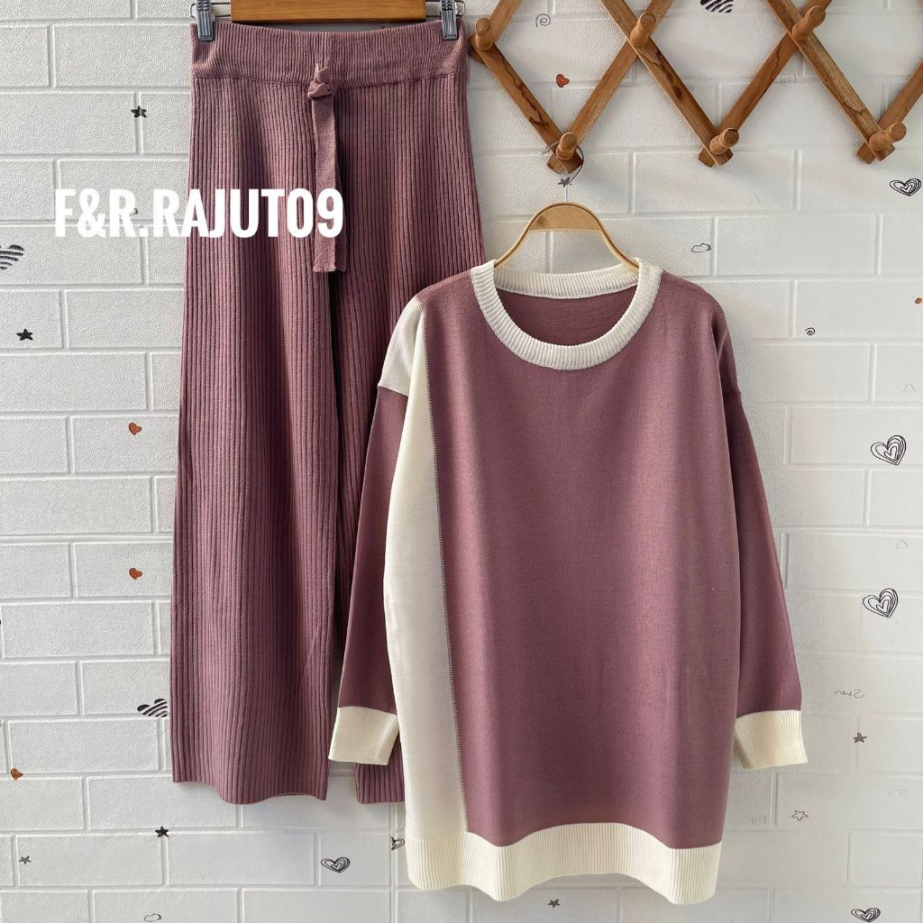Oneset Sweater Rajut Jersey Oblong Oversize Setelan Celana Kulot Rajut Premium Wanita Kekinian