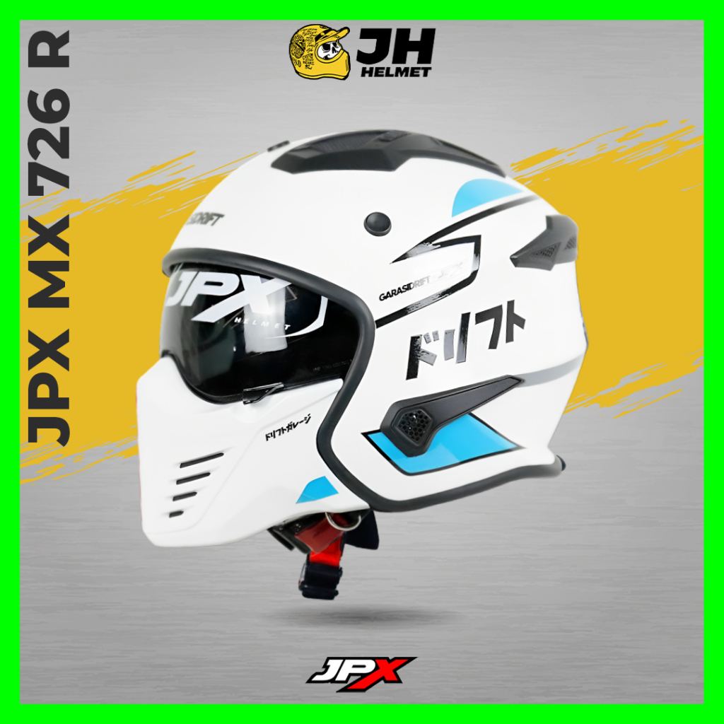 Helm JPX MX 726R Motif Garasi Drift Pearl White Glossy | Helm Full Face | Helm Modular | Jual Helm