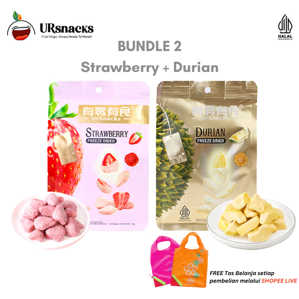 

9.9 BRANDS FESTIVAL URSNACKS BUNDLE OF 2 - FREEZE DRIED KERIPIK SEHAT STRAWBERRY 22gr + DURIAN 32gr BUAH VAKUM CEMILAN DIET
