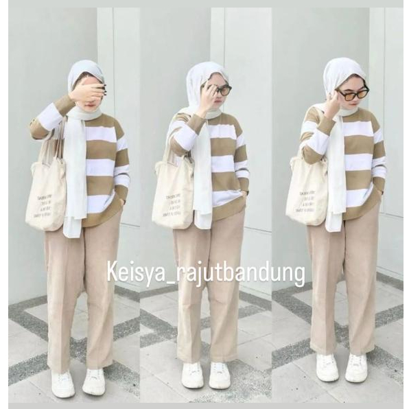 SWEATER EIRA JUMBO / BAJU RAJUT WANITA LENGAN PANJANG STRIP BLASTER / SIZE L,XL,XXL