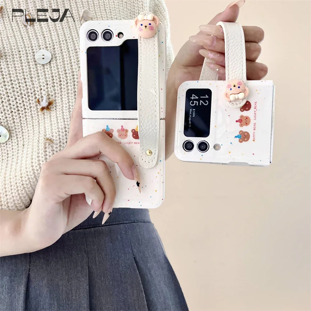 Cute Bear Wristband Phone Case For Samsung Galaxy Z Flip 5 4 3 Flip4 Flip3 Flip5 Korea IMD Silicone 