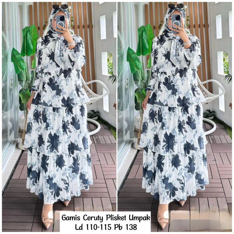 Gamis Set Hijab Ceruty Plisket Umpak Full Furing Motif Bunga 603.03 PREMIUM BUSUI TERBARU BEST SELLER