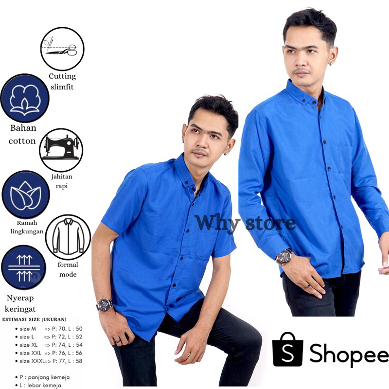 kemeja biru elektrik pria lengan panjang hem cowok biru BCA tangan pendek slim fit lengan pendek big