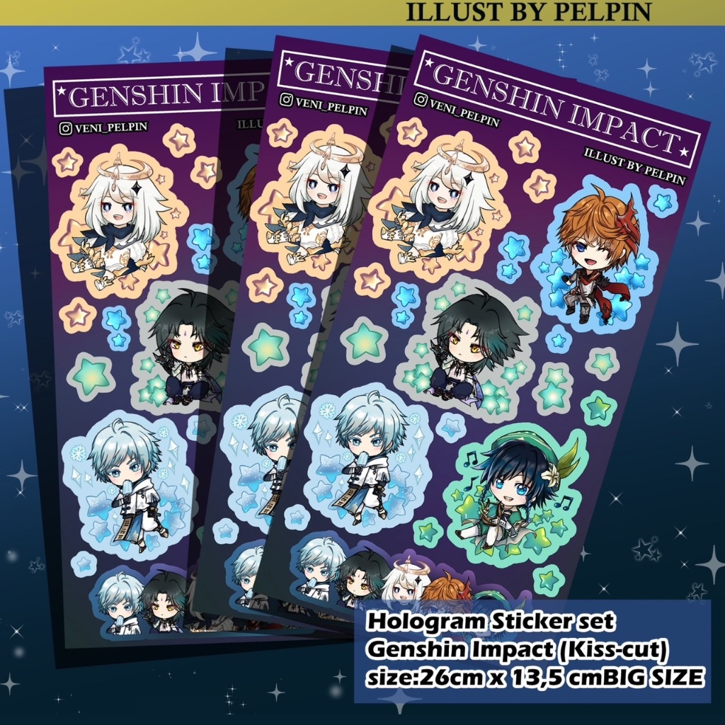 

sticker set hologram genshin impact glitter stiker anime game tartaglia venti chongyun