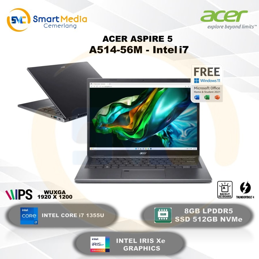 ACER ASPIRE 5 A514-56M - INTEL i7-1355U - 8GB - 512GB - INTEL UHD - 14"WUXGA - W11 - OFFICE