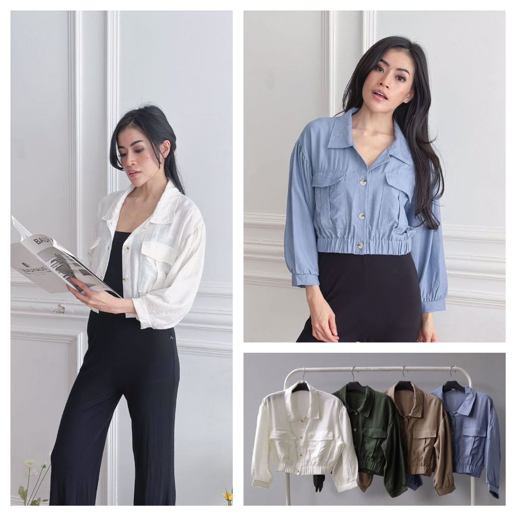 Atasan Wanita Crop Lengan Panjang Linen 2 Pocket Pinggang Karet
