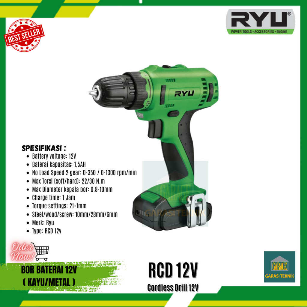 RYU Bor cordless Ryu RCD 12V+Bor baterai ryu+murah