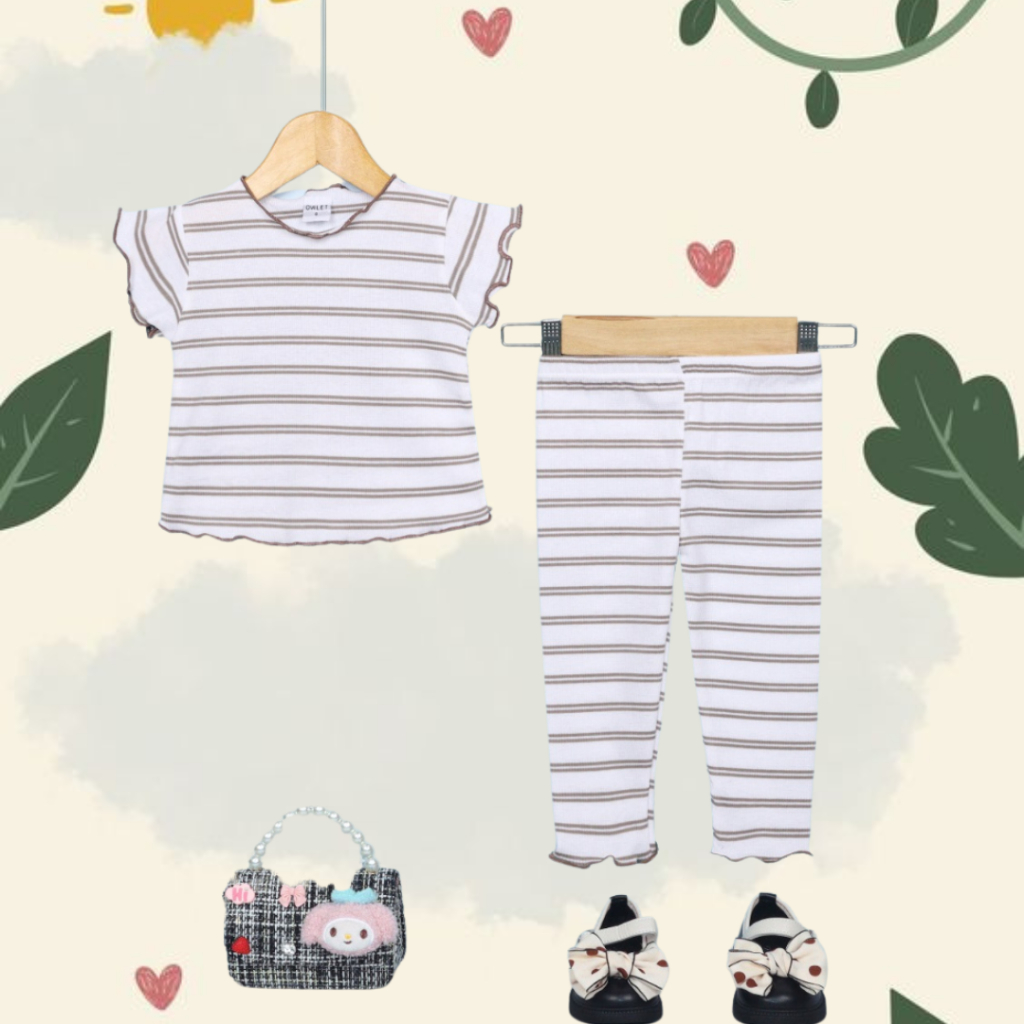 SET PIYAMA BAJUTIDUR ANAK PEREMPUAN SALUR GARIS PUTIH PIYO KNIT