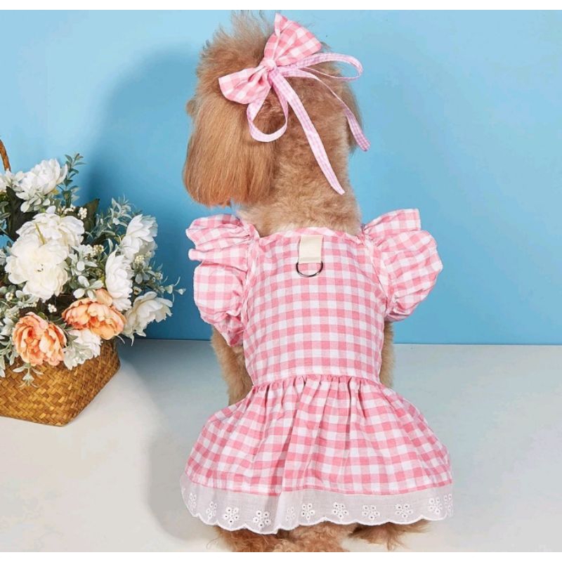 dress kucing / anjing renda dengan pita leher