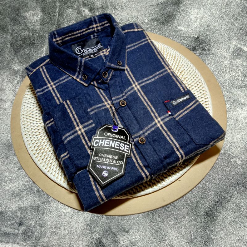 Kemeja Flanel Navy List Double Gold Lengan Panjan
