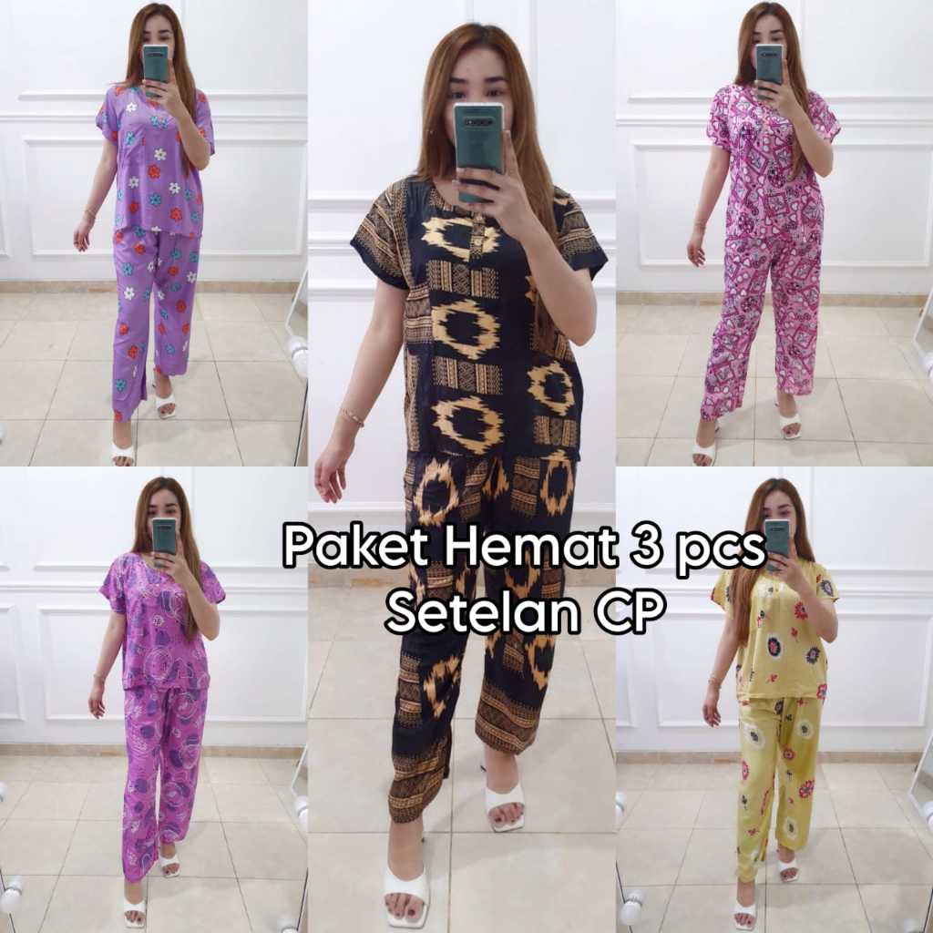 PAKET USAHA 3 PCS Setelan Baju Tidur Std Piyama Panjang Babydoll Bahan Rayon