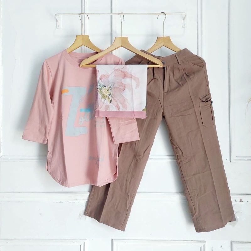 CELANA CARGO SET KAOS COMBED ALLSIZE +HIJAB VOAL // SETELAN KULOT LINEN CARGO WANITA // SETELAN WANI