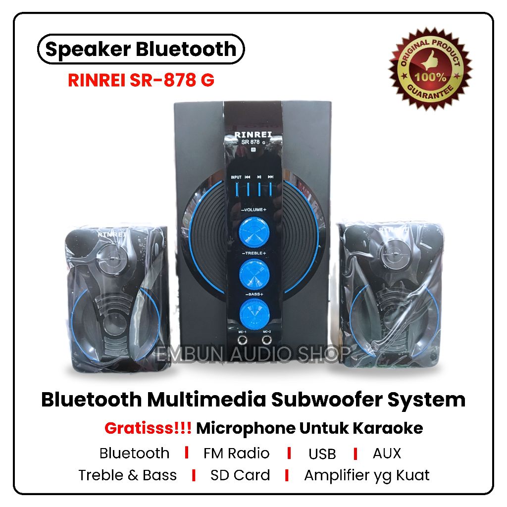 Terbaru  Speaker Bluetooth Professional RINREI SR 878 G - Speaker Aktif ( Gratis Mic Kabel ) Audio M