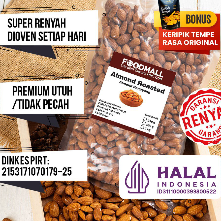 

VHZS5658 7.7 Almond Roasted 1 kg GRADE A PREMIUM / Almond Panggang