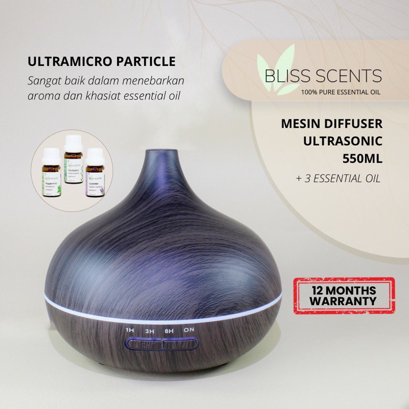 BLISS SCENTS Diffuser Ultrasonic 550ml Model Bawang + 3 essential oil