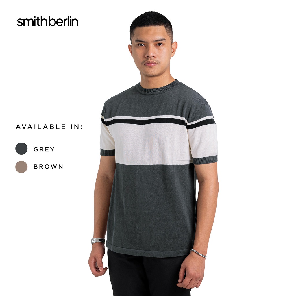 Smith Berlin Kaos Pria Lengan Pendek Rajut Premium Katun Kai Knit Modern Fit Motif Salur
