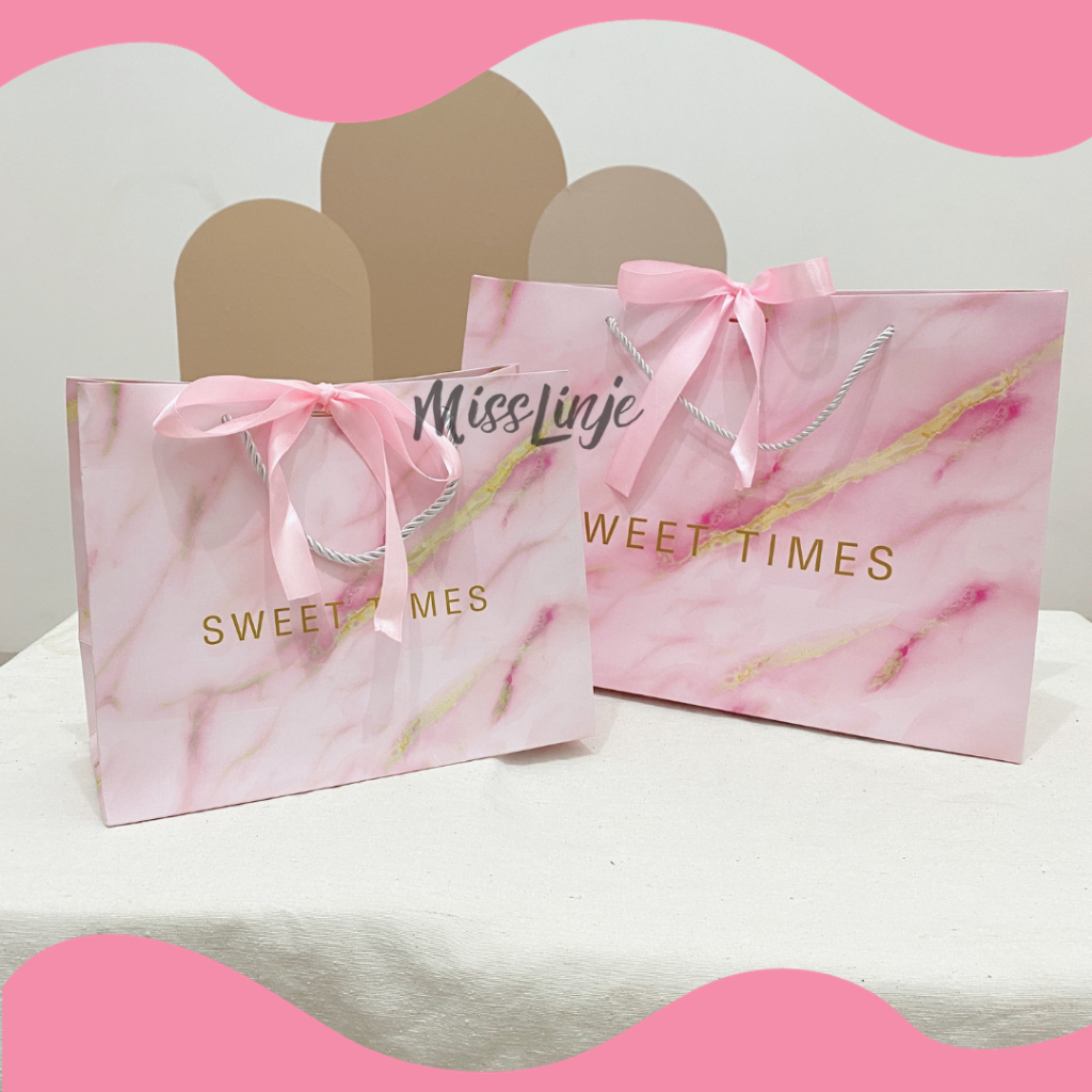 

Paper Bag Paperbag Aesthetic Korea Tas Kantong Karton Kado Hadiah Gift Bag Pita Pink Marble Premium