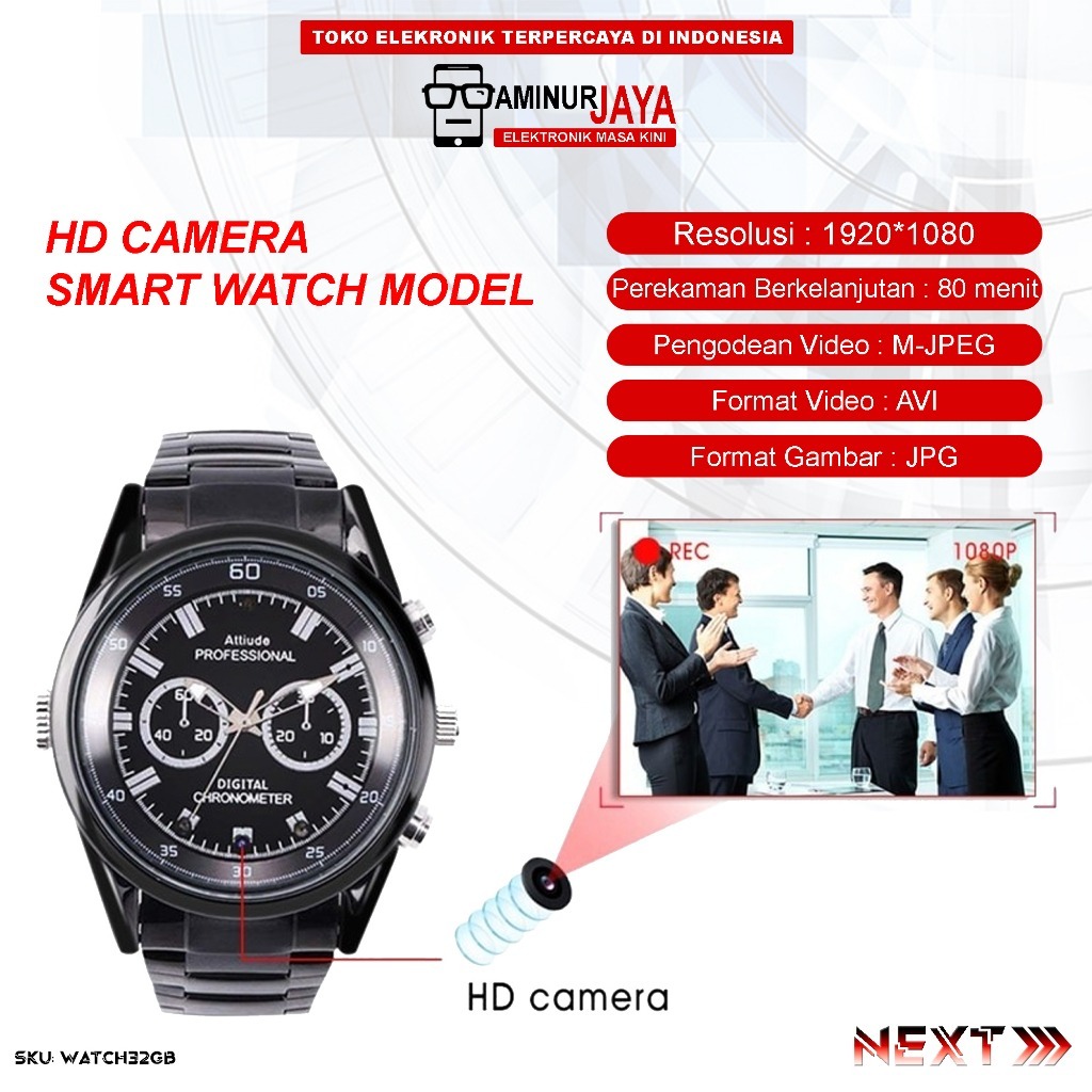 AminurJaya Hidden Spy Camera Jam Tangan 1080P 32GB Waterproof Spy Kamera Watch Spycam 32GBWATCH-STAN