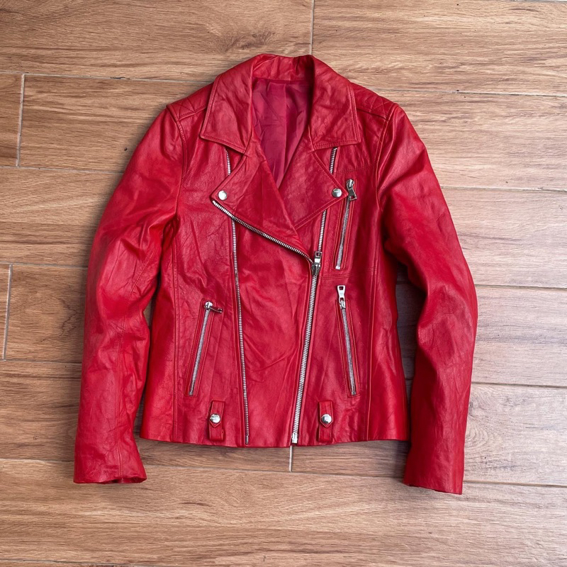 Jaket kulit cewek merah ramones motor biker Pl bekas preloved second