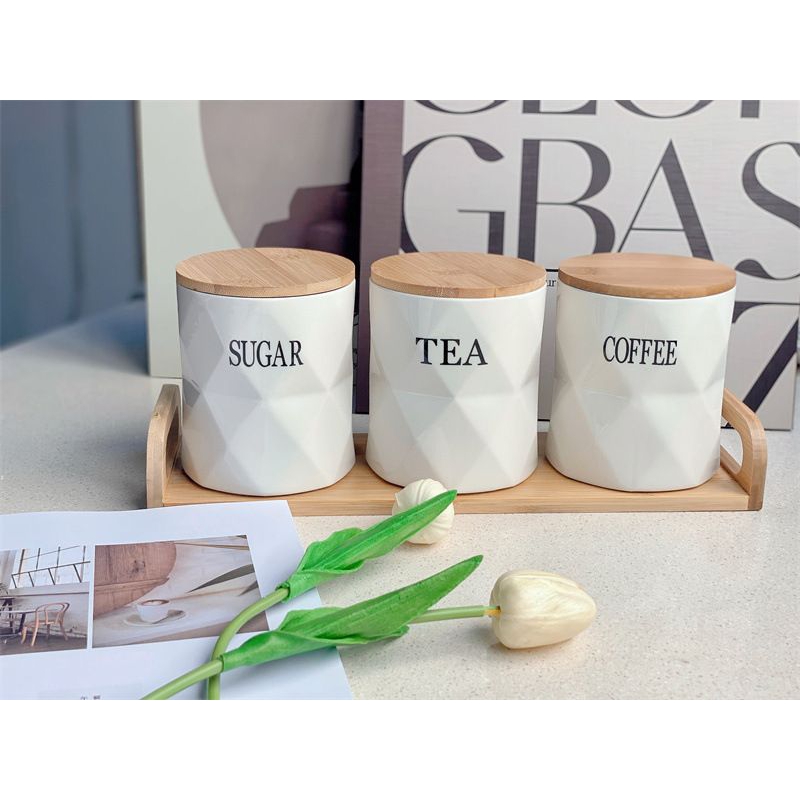 Toples set teh kopi gula keramik  tatakan kayu aesthetic Toples gula kopi teh
