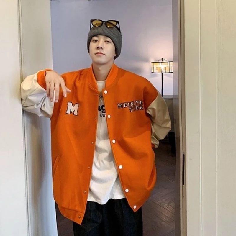 VARSITY BASEBALL BIG SIZE (S-6XL) M LOGO FULL COLOUR JAKET BISBOL BOMBER OVERSIZED FLEECE CARAMEL CR