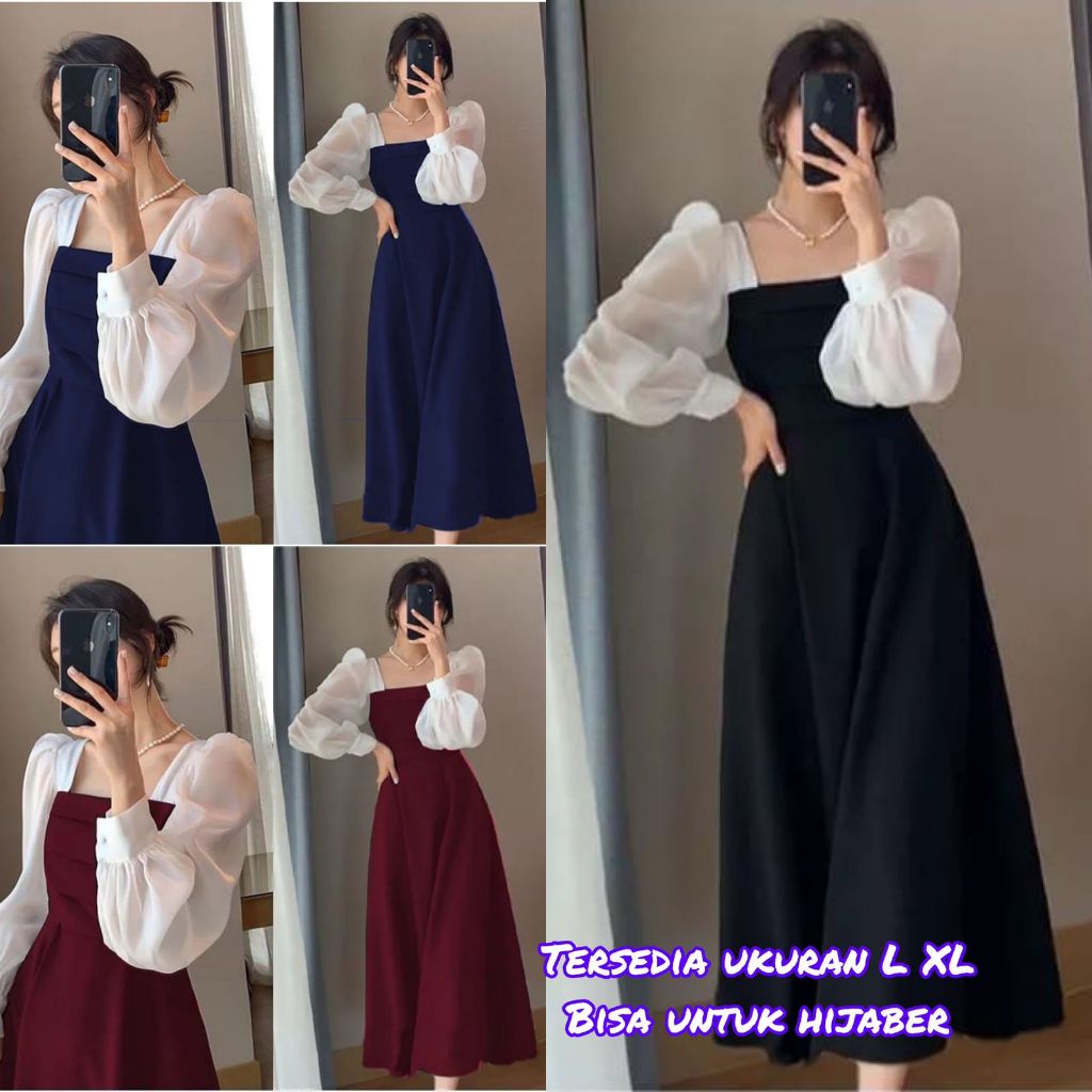 Hijab Friendly Dress Vintage Lengan Panjang Wanita Dua Warna L XL Dress Pesta Hitam Simple Elegant M
